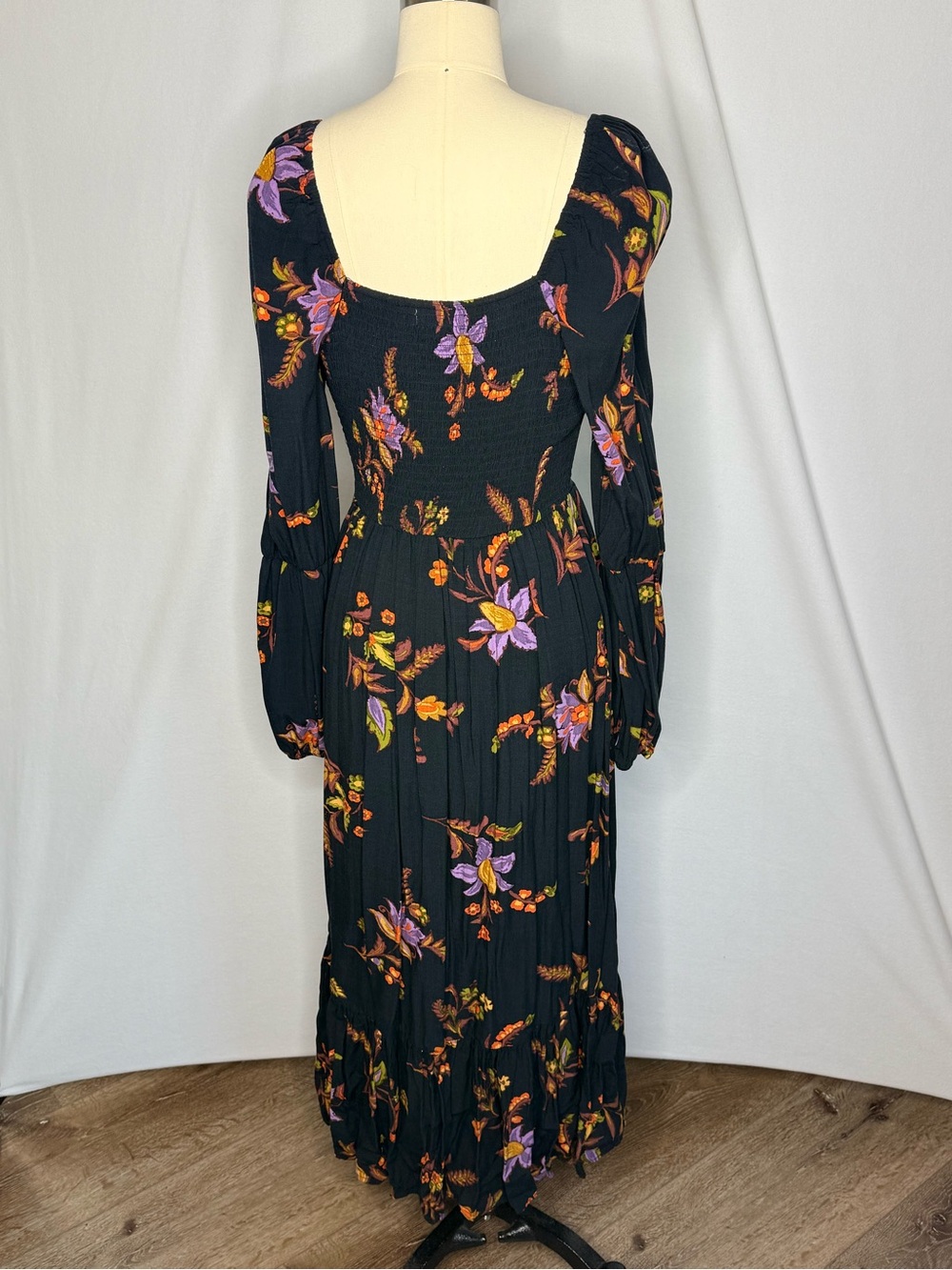 Floral Square-Neck Long Sleeve Maxi Dress - Black with Purple & Orange Floral - Picture 7 of 14